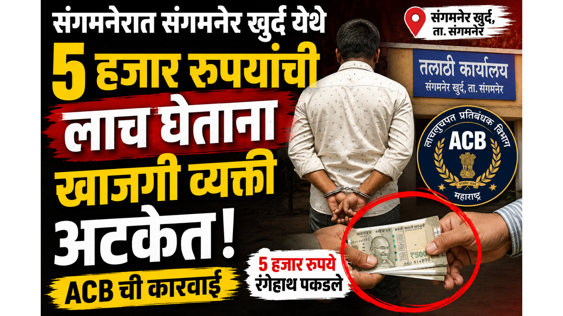 संगमनेरात संगमनेर खुर्द येथे ५ हजार रुपयांची लाच घेताना खाजगी व्यक्ती अटकेत …
